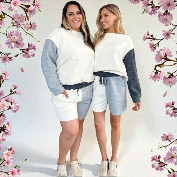 Blue Contrast Color Block Drop Shoulder Long Sleeve Top & Shorts Lounge Set NWT - Picture 9 of 13